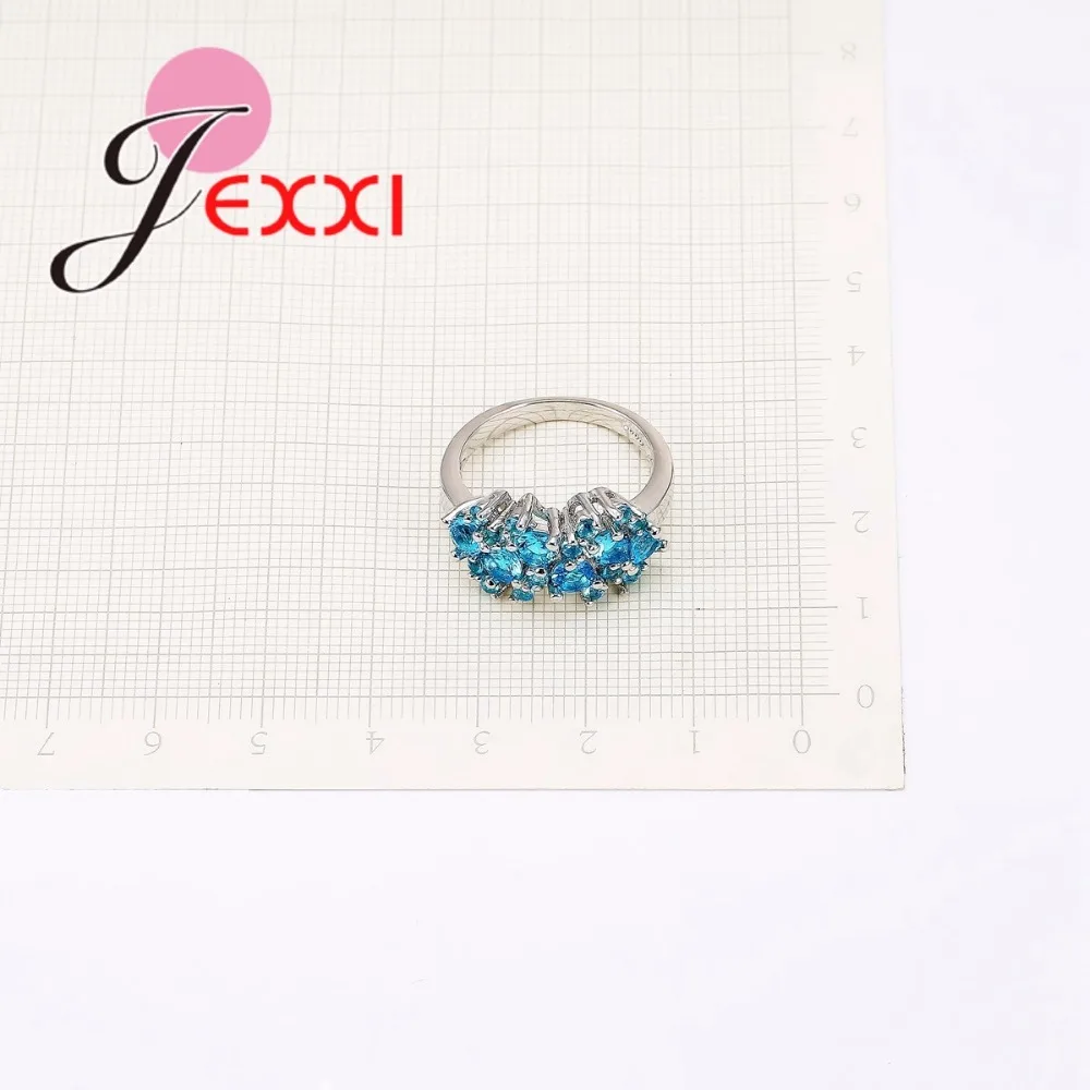 Exaggerate Sparking Flower Ring for Women Round Light Blue Clear CZ Crystal 925 Sterling Silver  Jewelry Ring