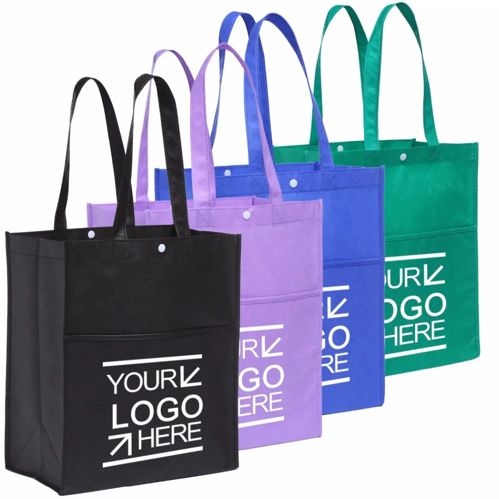 

100PCS/Lot Custom Eco Shopping Bag Fabric Grocery Recyclable Hight Design Tote Handbag with Pocket Snap Wholesale