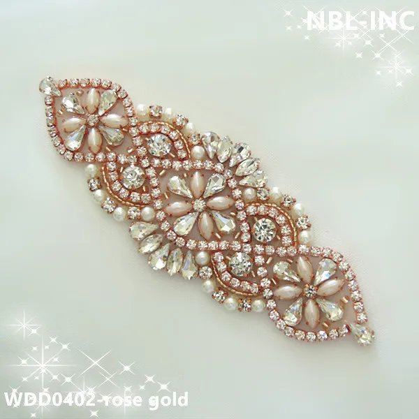 

(30pcs) Wholesale hand sewing iron on bridal beaded crystal gold rhinestone applique for wedding dresses sash belt WDD0402