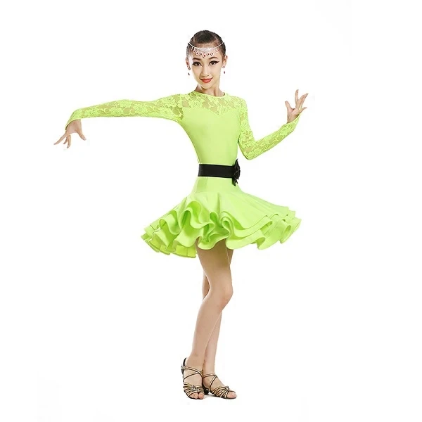 High Quality Sexy Lace Children's Ballroom Stage Clothing Girls Latin Dance Skirts Long-Sleeved Dress Perfoming Costumes