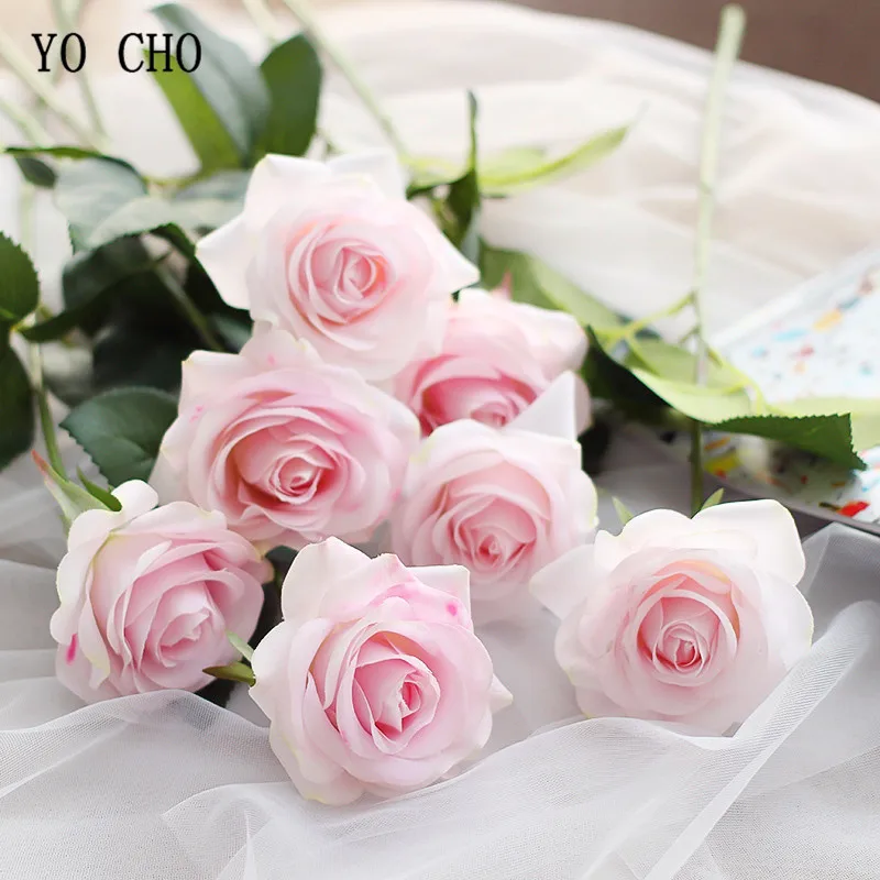 YO CHO 1 Head Pink Rose Artificial Flowers Real Touch Latex Roses Silk White Wedding Bouquet Home Garden Decoration Fake Flower