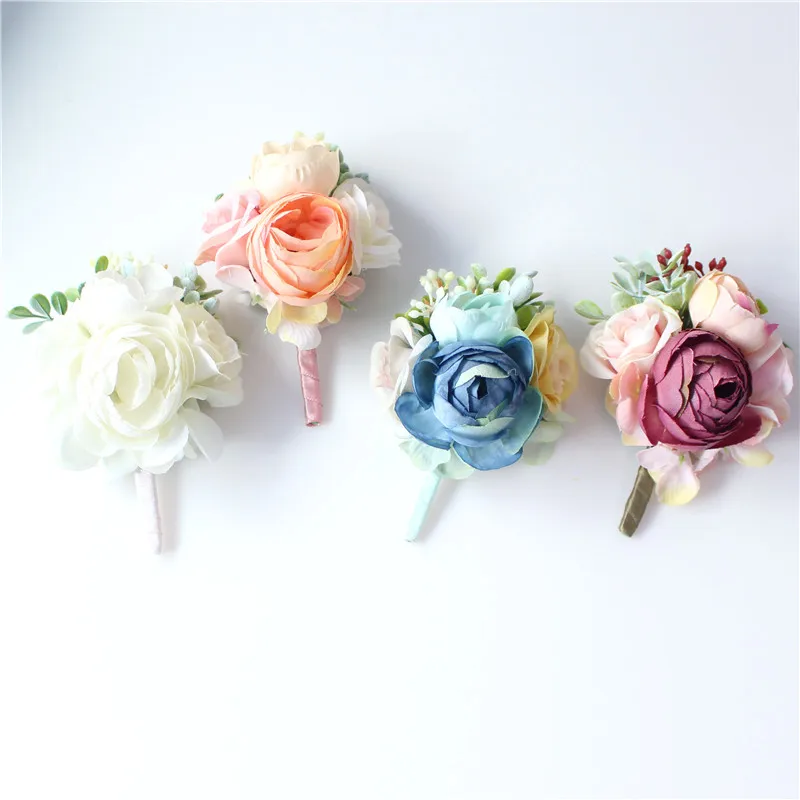 YO CHO Bridesmaid Decor Mini Rose Flowers Head Wrist Flowers and Boutonnieres Set Bride Decorations Wedding Bouquet Peony Brooch