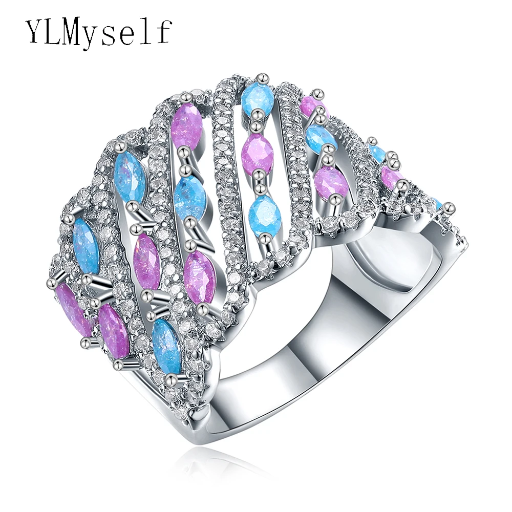 Wonderful big wide ring aneis Blue Pink color zirconia jewelry Luxury Accessories excellent quality jewellery nice women rings