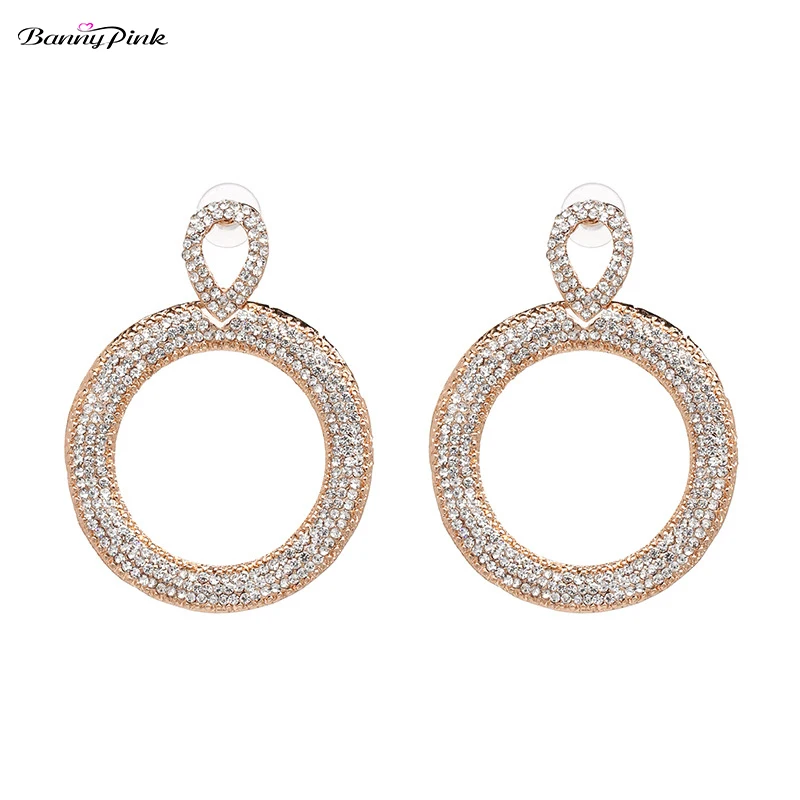 Banny Pink Luxury Full Rhinestone Crystal Pendant Earrings For Women Party Chunky Geo Round Waterdrop Statement Post Earrings