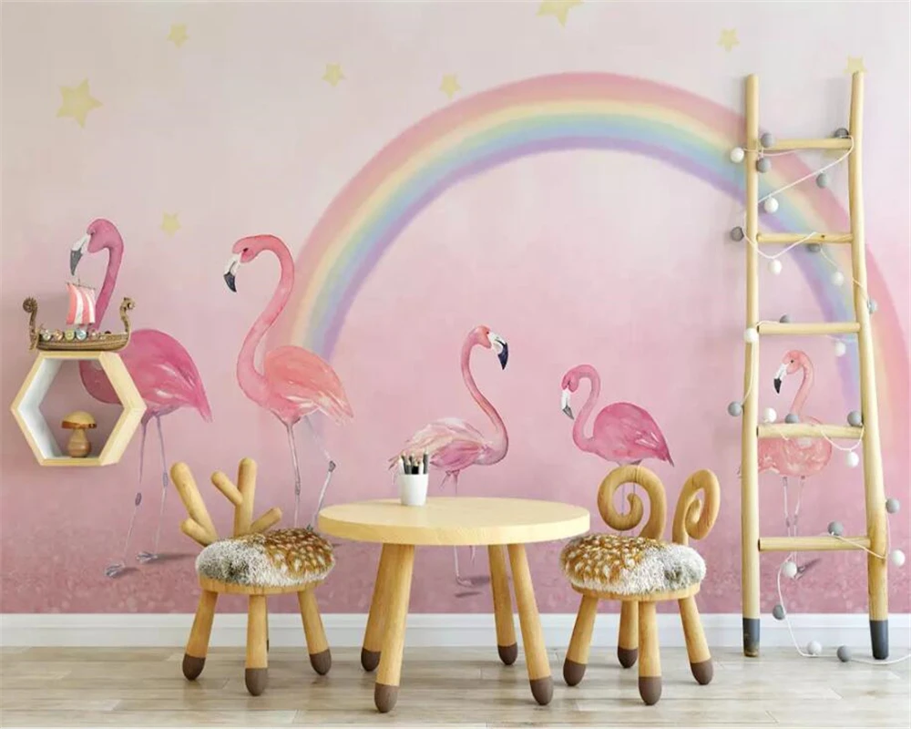 Custom wallpaper Hand-painted flamingo rainbow children's room wallpaper kindergarten background wall 3d wallpaper