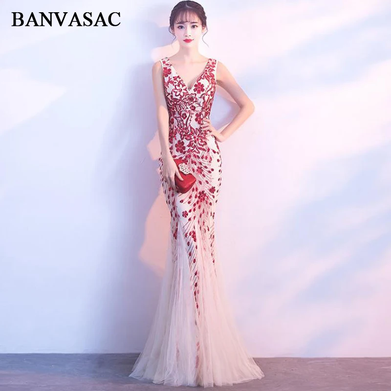 

BANVASAC 2018 Elegant Sequined Backless Mermaid Long Evening Dresses Party V Neck Lace Appliques Tulle Prom Gowns