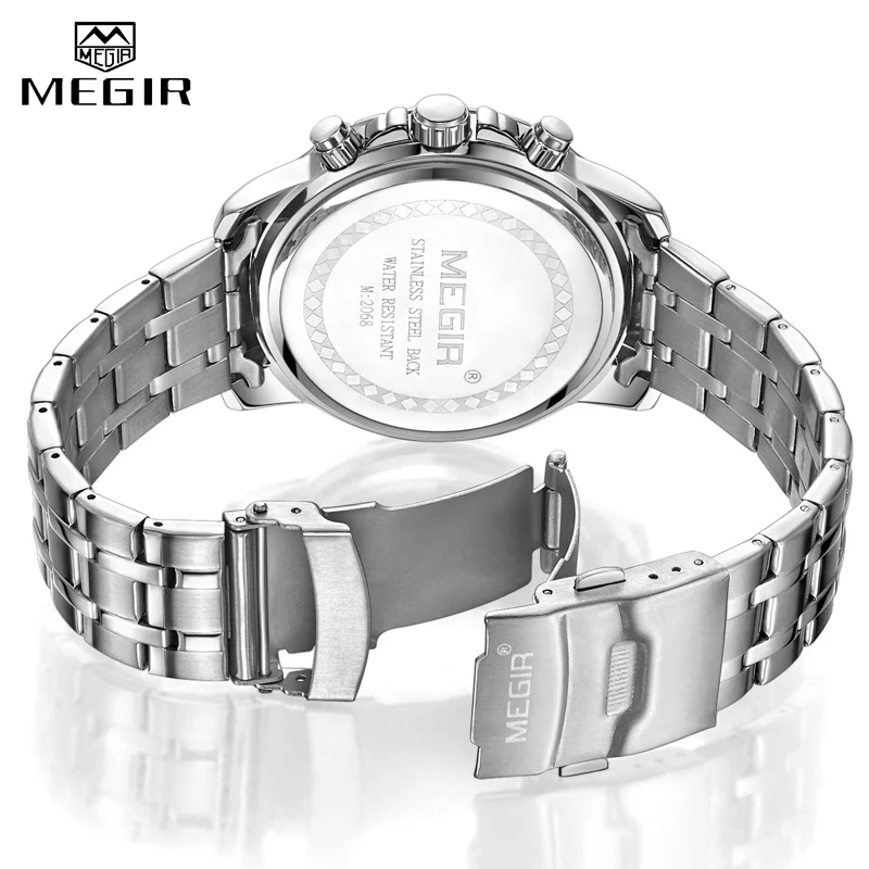 MEGIR Sport Watch Men Fashion Stainless Steel Quartz Wristwatch Military Chronograph Clock Business Casual Waterproof Watches