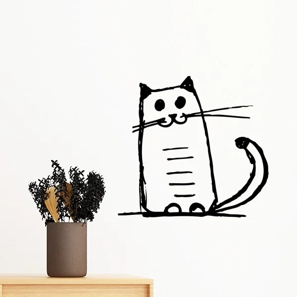 

Curly Heavy Tail Cat Crazy Smile Stripe Sit Black Line Removable Wall Sticker Art Decals Mural DIY Wallpaper Room Decal