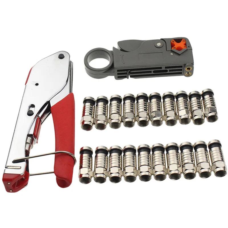 1 set Coaxial Cable Wire Stripper RG6/RG59 F Compression 20pcs Connector Tool Crimping Pliers Wire Stripping Pliers Kit