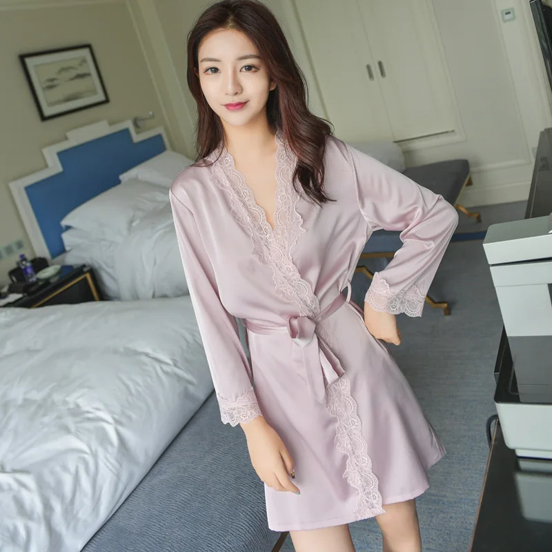 1620 Women\'s Satin Silk Woman Lace Robe Female Lace Bathrobe Womens Robes Sleepwear Ladies Sexy Robe For Women Drop Shipping