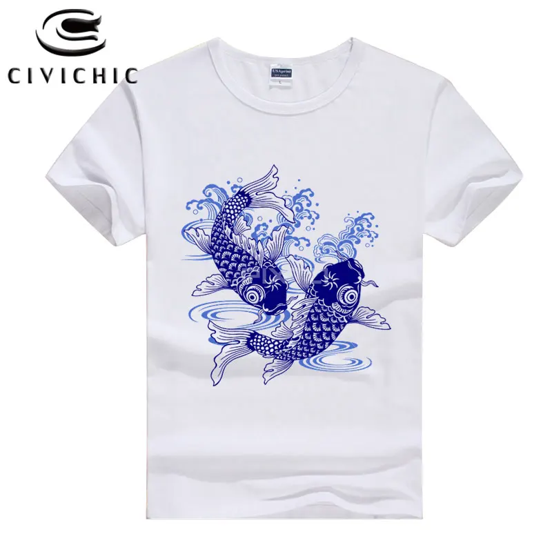 CIVI CHIC Chinese Style Vintage Men Plus Size T Shirt Woman Oriental Ethnic Tops Tee Carp Fish Print T-shirt Groot Camisa WST120