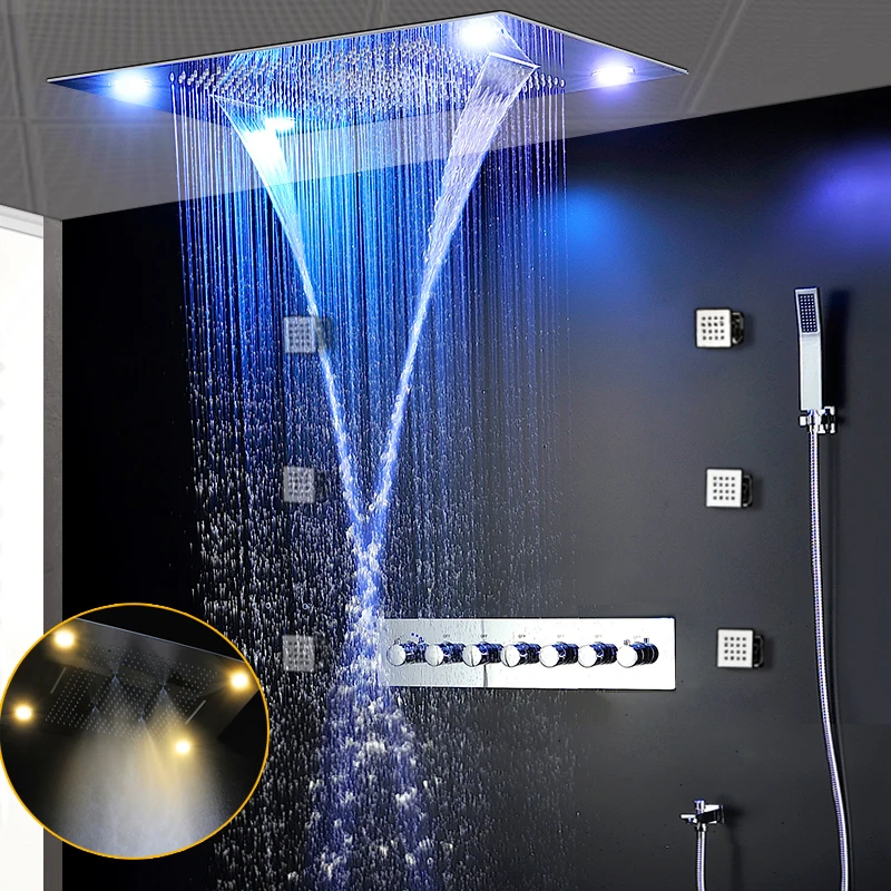 Luxury Most Complete Shower Faucets Set 6 Functions Shower System Recessed Rain Shower Panel Waterfall Body Jets Massage