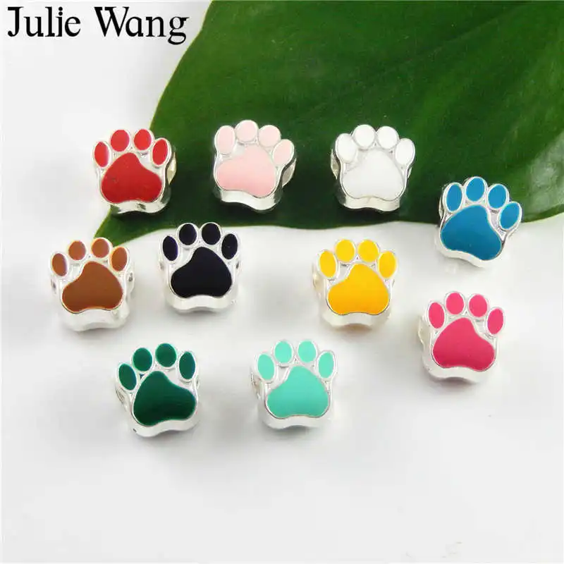 Julie Wang 40PCS Mix 10 Colors Enamel Pet Cat Dog Paw Footprint Beads For European Charms Bracelet Jewelry Making Accessory