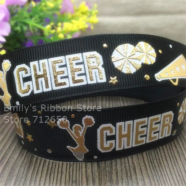 17 Skus to Select 7/8\'\' 22mm Gold CHEER Hot Stamped Grosgrain Ribbon Printed Ribbon Clothing Diy Bow Gift Wrap Ribbon 10 yards