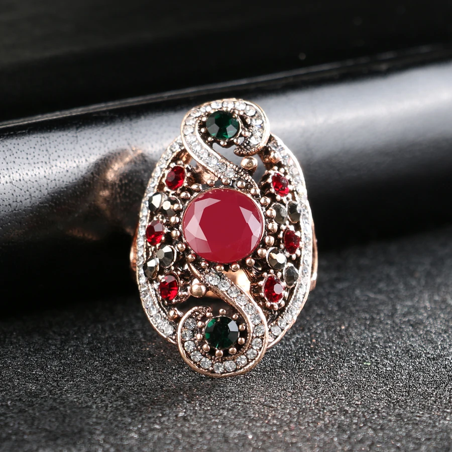 Kinel Hot Fashion Ring Turkish Jewelry Antique Gold Color Red Resin Wedding Rings For Women Best Friend\'s Gift 2020 New