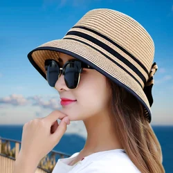 Muchique Boater Hats for Women Summer Sun Straw Hat Wide Brim Beach Hats Girl Outside Travel Straw Cap Casual Bow Hat B-7847