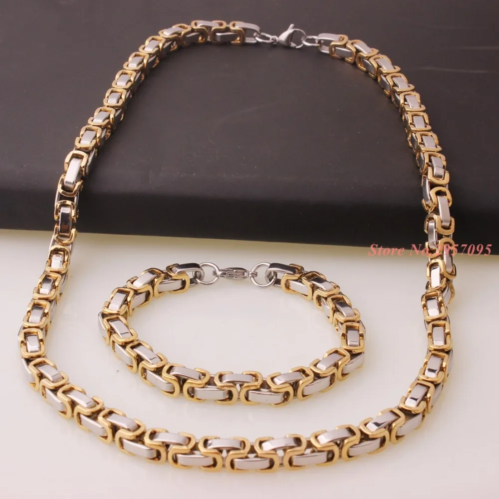 Punk Jewelry Set 55cm & 22cm Length 8mm Width Link Chain Stainless Steel Byzantine Men Boy Necklace & Bracelet Good Gift