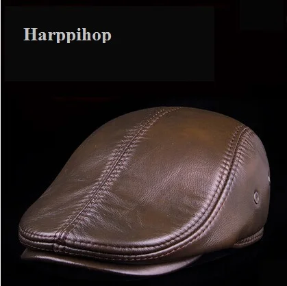 2019 New Design Men\'s 100% Genuine Leather Cap brand Newsboy /Beret /Cabbie Hat/ Golf Hat winter warm hats with ears