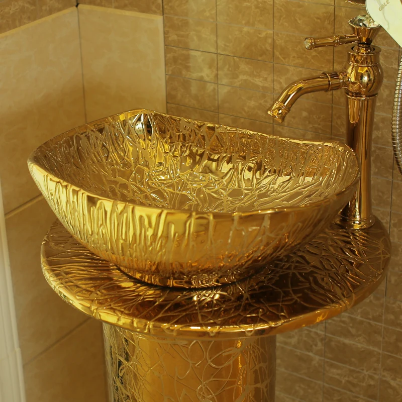 Bathroom Pedestal Basin Integrated Ceramic Table Basin Washbasin Resplendent Cloakroom Vanity Wash Sink gold