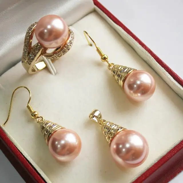 

hot sell new - beautiful new jewelry pink 18KGP + 12mm shell pearl pendant, earring, , ring set