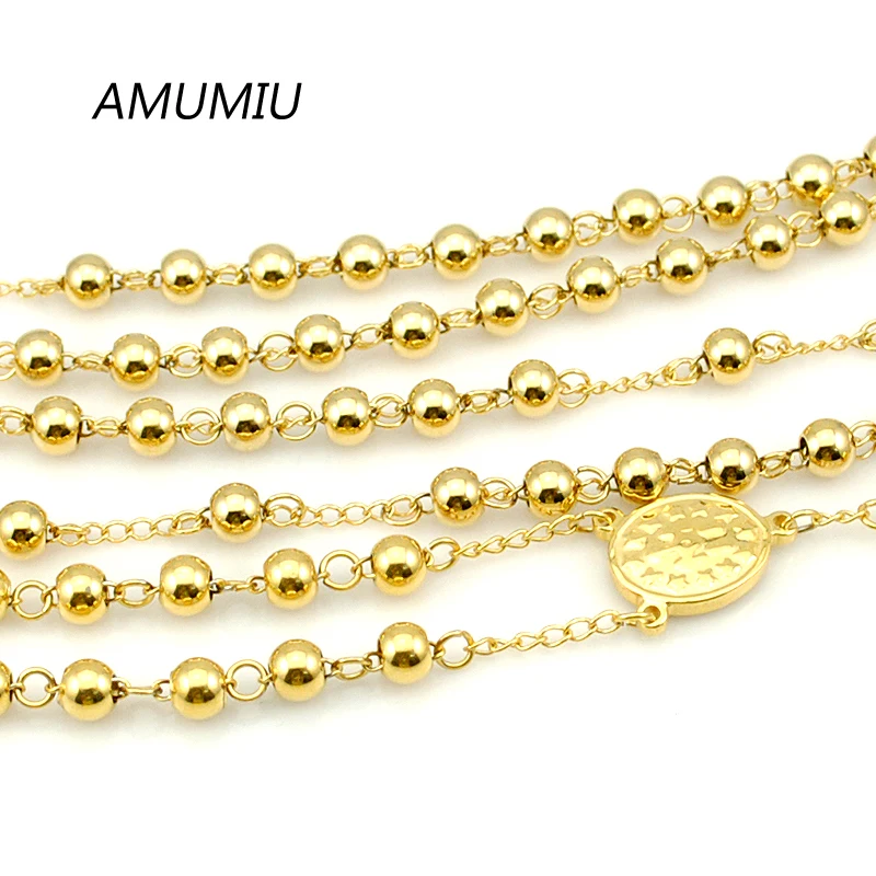 AMUMIU 6mm Beads Chain Gold Color Rosary Bracelet Necklace Sets 2piece/Set Cross Regilious Men Women Jewelry HZTZ075