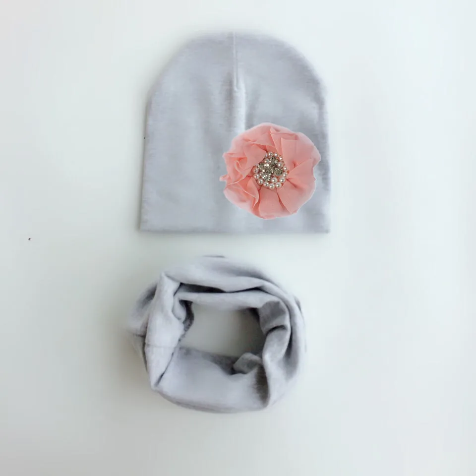 band  toddler girl flower hat baby cap Collar Scarf set floral diamond pearl cotton beanie for girls   bonnet 1-3 years