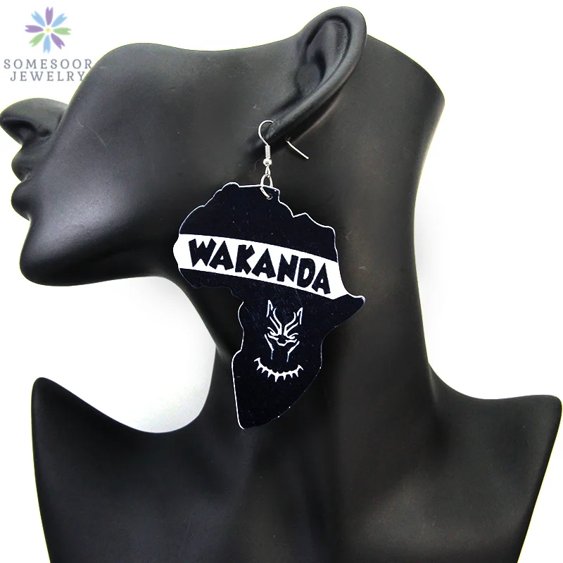 Somesoor wakanda brincos de madeira africano design jóias preto tribal quenn afro motherland mapa padrão para senhora presentes