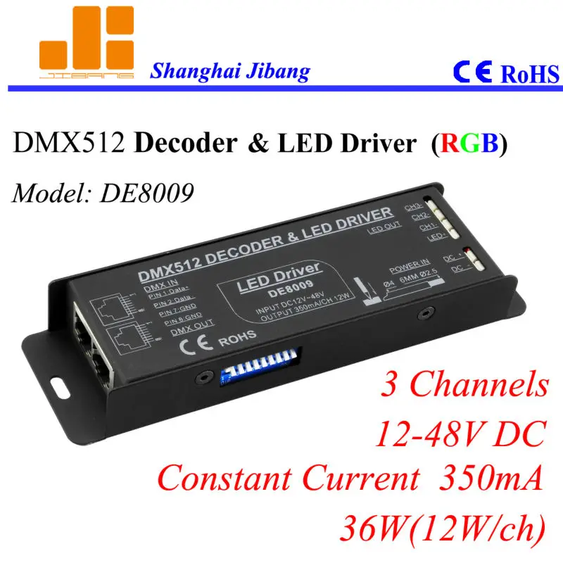 

Free Shipping LED RGB Controller DMX, DMX decoder, Constant Current 350mA 3 channels/12V-48V/36W pn:DE8009