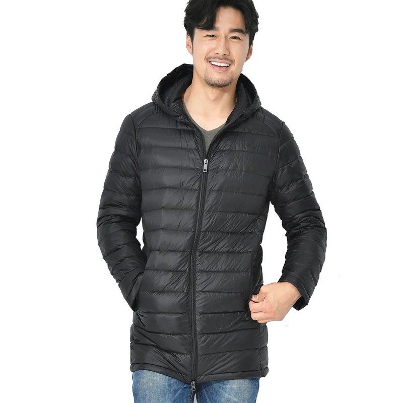 Casaco meio longo com capuz masculino 90% Duck Down Parkas, ultra leve, cor sólida, corta-roupas com zíper, casaco de outono e inverno