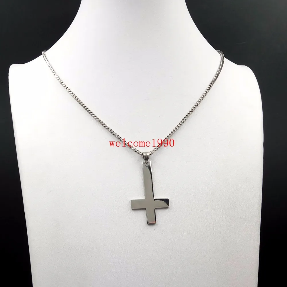 Polished St Peter's Inverted Cross Pendant Necklace for Men Stainless Steel Choker Crux de Sanctus Petrus 24''