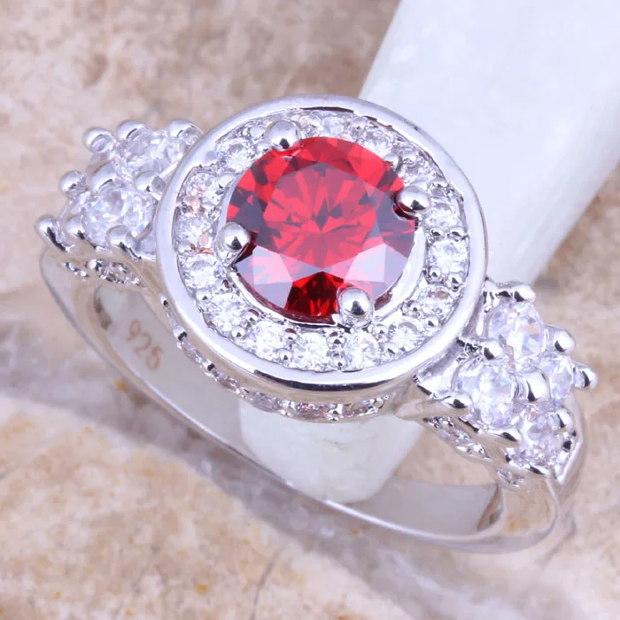 Magnificent Red Garnet White CZ Silver Plated  Women's Jewelry Ring Size 6 / 7 / 8 / 9 R1441