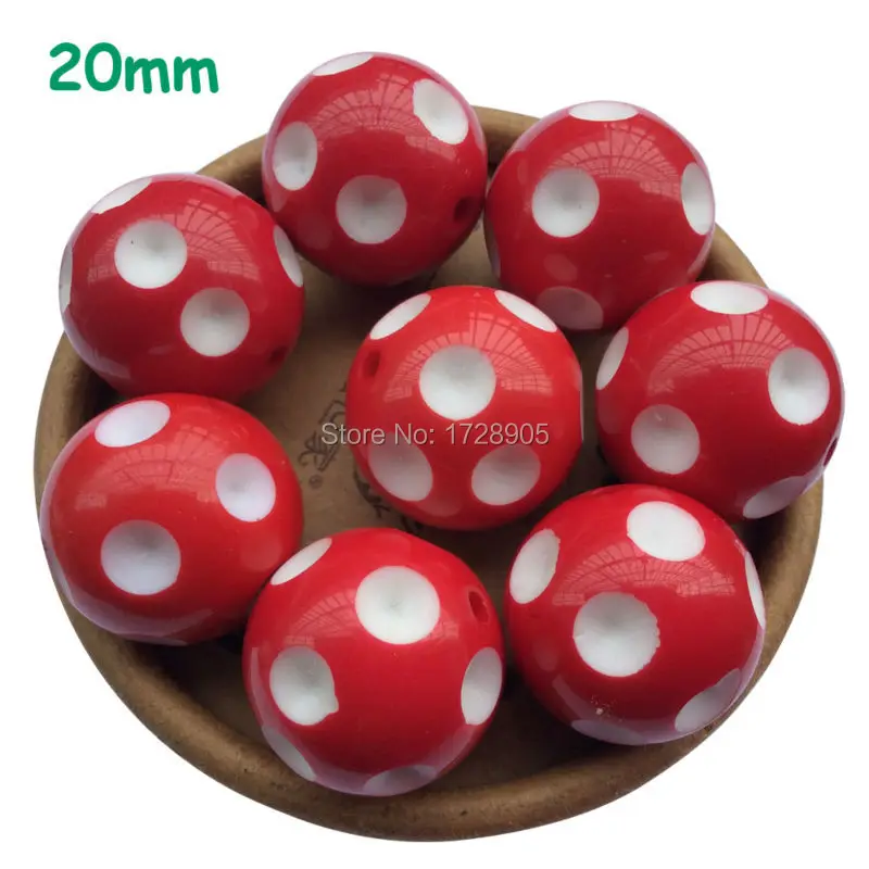 Chunky polka dots bubblegum beads Wholesale 20 mm 100 pcs Christmas Red resin round loose  for girl's necklace