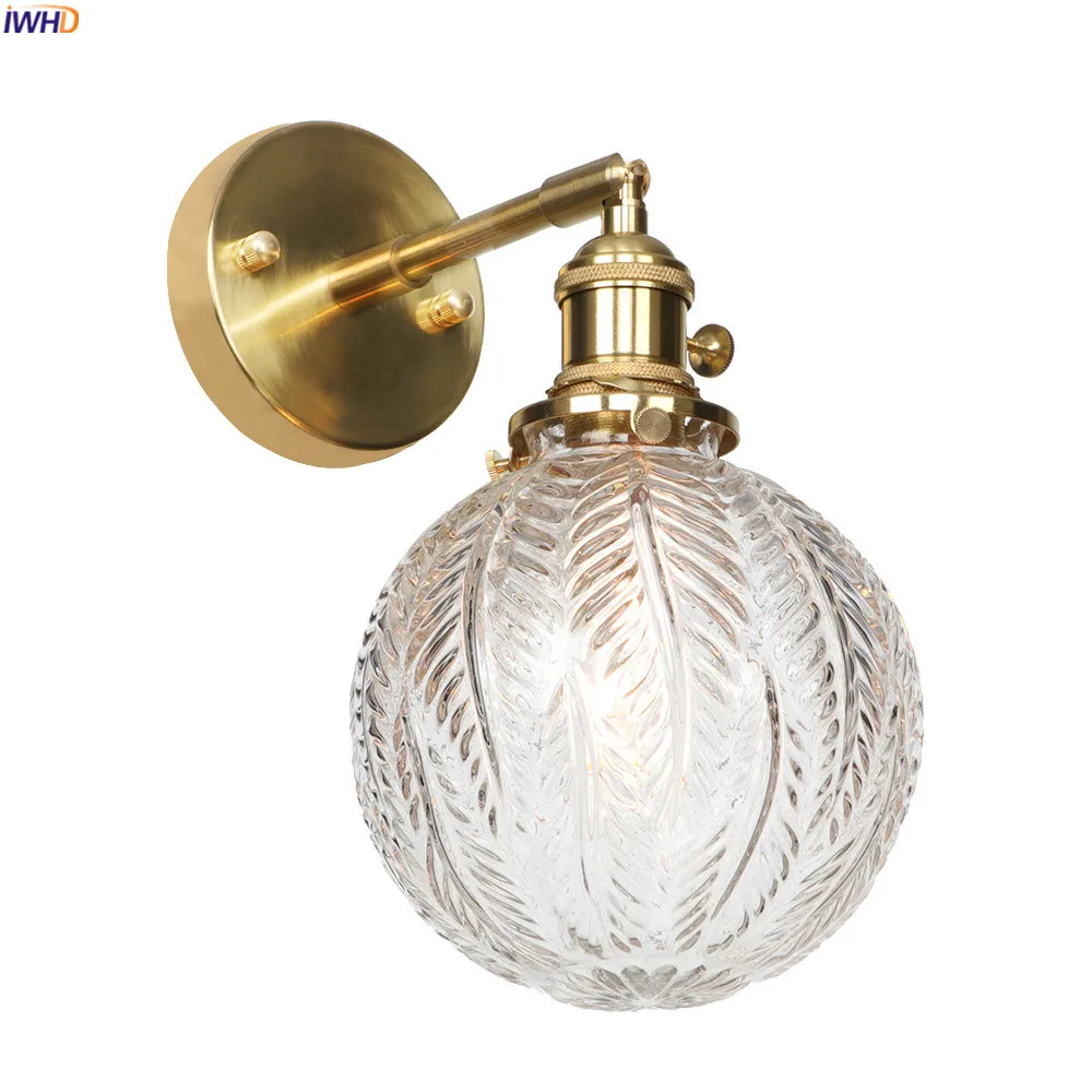 IWHD Glass Ball Retro LED Wall Lights Switch Porch Stair Bathroom Mirror Light Loft Decor Vintage Copper Wall Lamp Sconce Murale