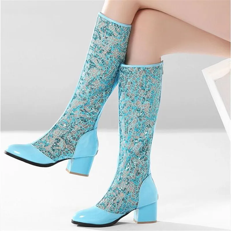 Summer New pattern fashion Round head Sequins Lace Mesh surface High-heeled High cylinder Cool boots white Lace Women sandals