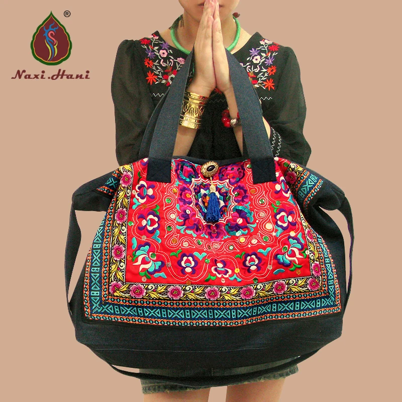 NAXI.HANI brand Women\'s bag Embroidery Ethnic bags Denim bag Fashion red Messenger shoulder bags Large Canvas bags