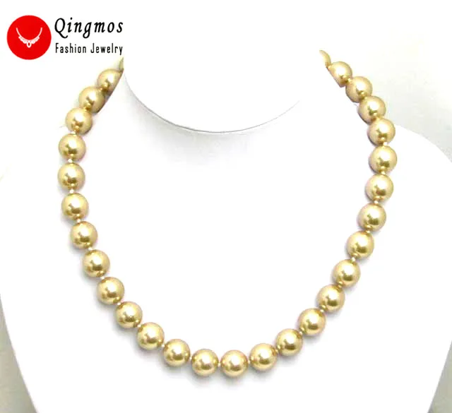 

Qingmos Champagne Sea Shell Pearl Necklace for Women with 12MM High Luster Round Shell Pearl 17" Chokers Necklace Jewelry 5162