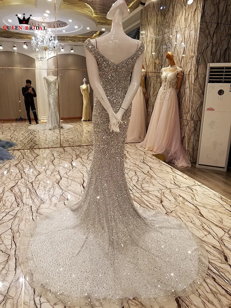 QUEEN BRIDAL Luxury Mermaid Evening Dress Sexy Bling Sequins Crystal Long Party Prom Gown Dress Robe De Soiree Real Photos BY07