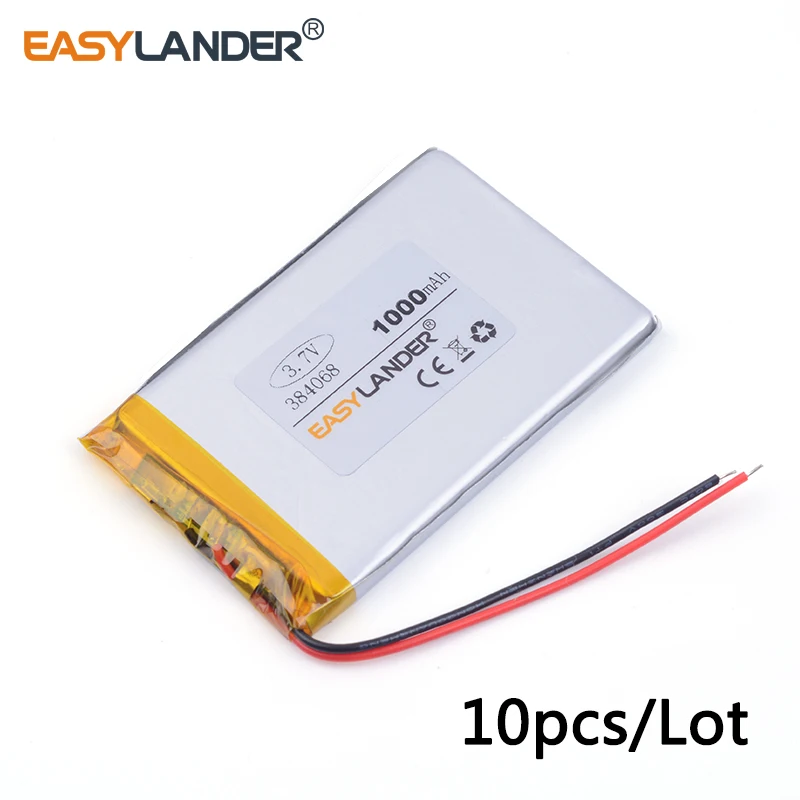 

10 шт./лот 3,7 v литий-ионный полимерный аккумулятор 384068 1000mAh для MP4 MP5 GPS игрушки батареи