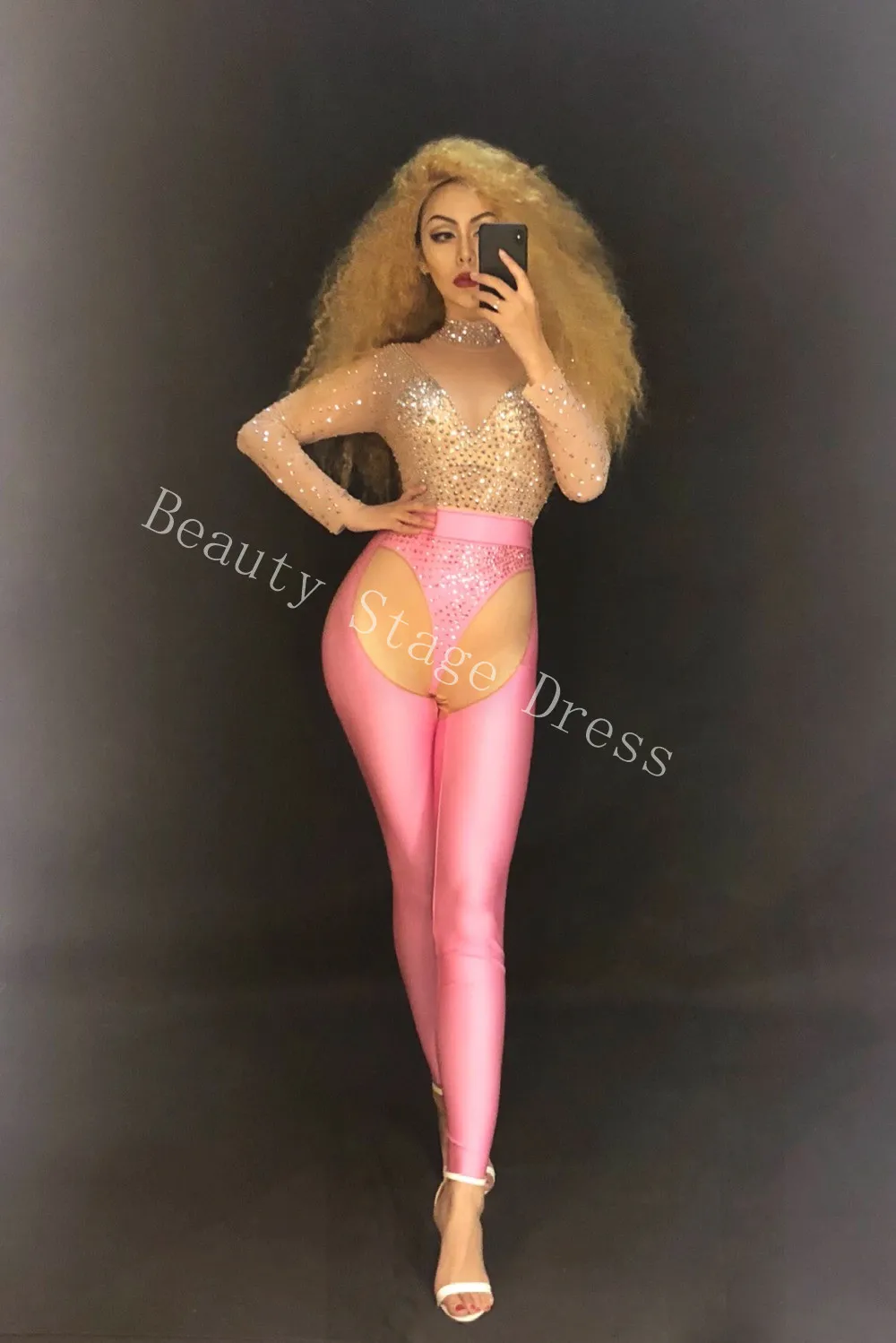 Pink Shining Rhinestones Mesh See Through Jumpsuit Fashion Singer Dance Wear Birthday Celebrate Sexy Perspective Prom Bodysuit