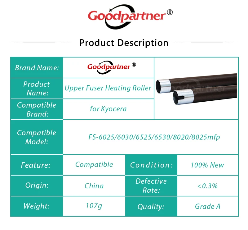 1X  Fuser Upper Heat Roller for Kyocera FS 6025 6030 6525 6530 8020 8025 FS6025 FS6030 FS6525 FS6530 FS8020 FS8025