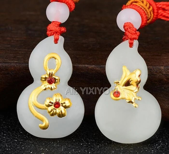 Beautiful Natural White Hetian Jade + 18K Solid Gold Chinese Cute Flower Cucurbit Lucky Pendant + Free Necklace Fine Jewelry