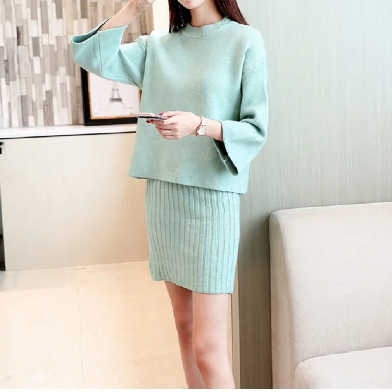 Women Knitted Sweater Dress Set Two Pieces Suit Autumn Winter O-Neck Loose Pullovers top Knitted Vest pencil Dress Jumper Female