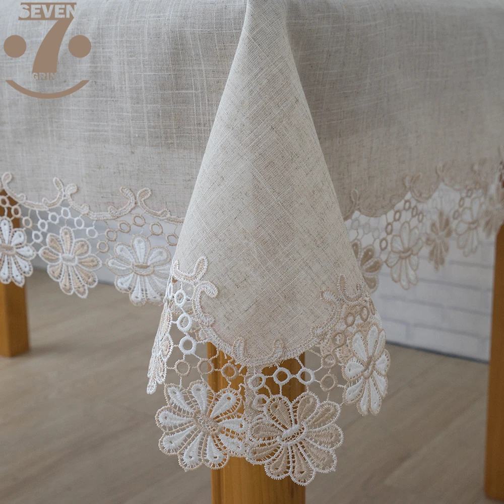 Home Decorative Embroidered Two-Tone Border Linens Table Cloth Japanese Style Table Cover