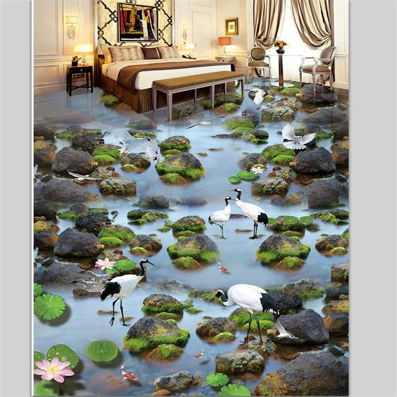 

beibehang Custom floor decoration draw 3d creek flowing water stone white dew crane lotus carp 3D three-dimensional flooring