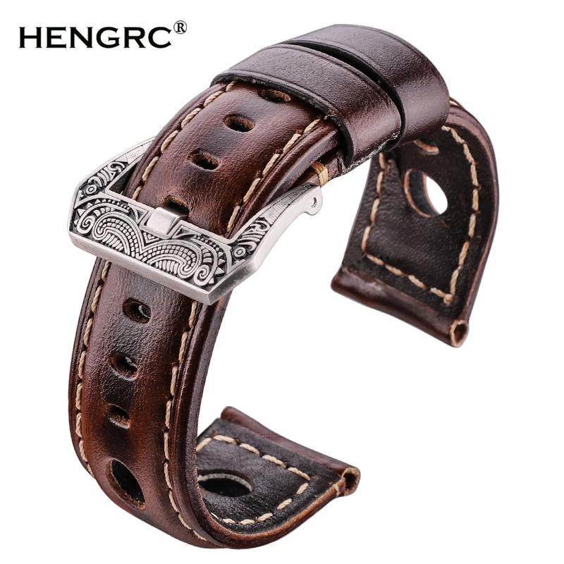 Oil Wax Genuine Leather Watchbands 22mm 24mm Dark Brown Women Men Cowhide Watch Band Strap Belt With Black Pin Buckle