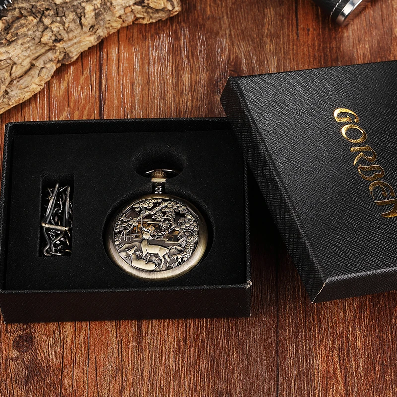 Bronze Deer Flowers Case Mechanical Pocket Watch Men Retro Big Dial Hand Wind Watch Skeleton Steampunk Reloj de bolsillo Cadena