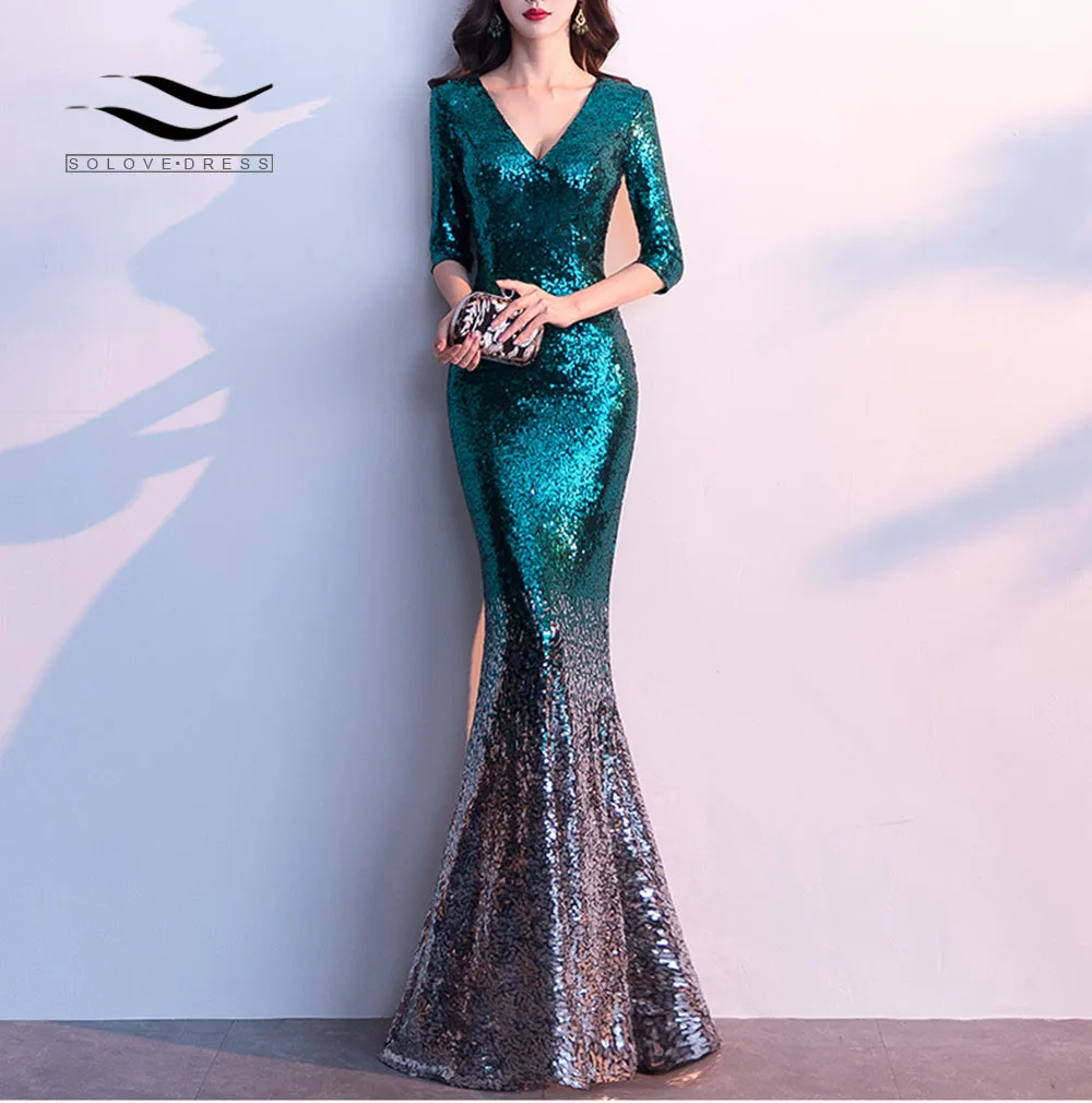 

Solovedress Halfy Sleeves Formal Evening Dress Sequins Lentejuelas Gradiente Black-Gold Color Mermaid V Neck Dress for Party E76