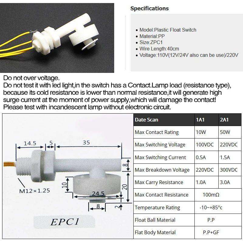 Free Shipping 5PCS M12*1.25mm ZPC1 100V 220V Liquid Float Water Level Sensor Side Mount Float Switch Safe