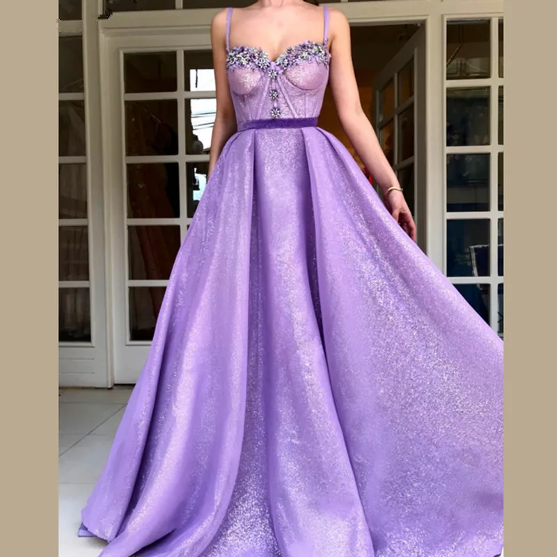 

Lavender Muslim Evening Dresses A-line Spaghetti Straps Sequins Beaded Islamic Dubai Saudi Arabic Long Formal Evening Gown