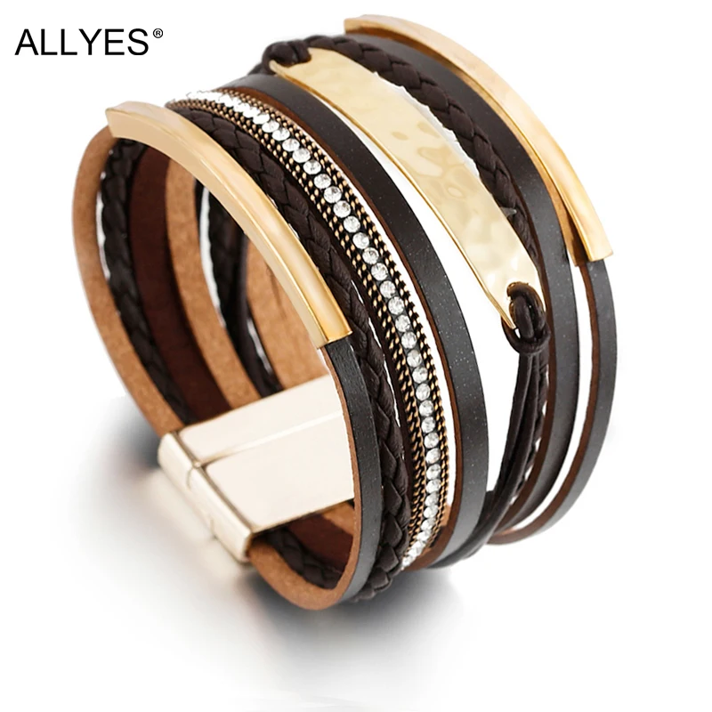 ALLYES Multilayer Leather Bracelet for Men Metal Bar Charm Black Braided Wide Wrap Man Bracelets & Bangles Boho Punk Jewelry